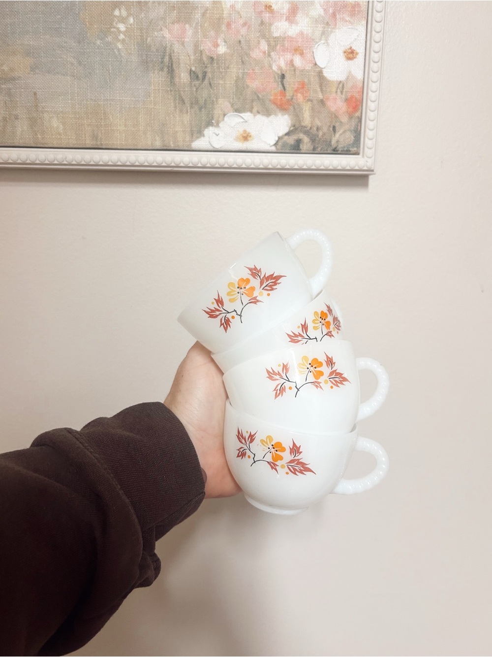 Vintage Federal White Milk Glass Tea Cups with Autumn Leaves - Set of 4